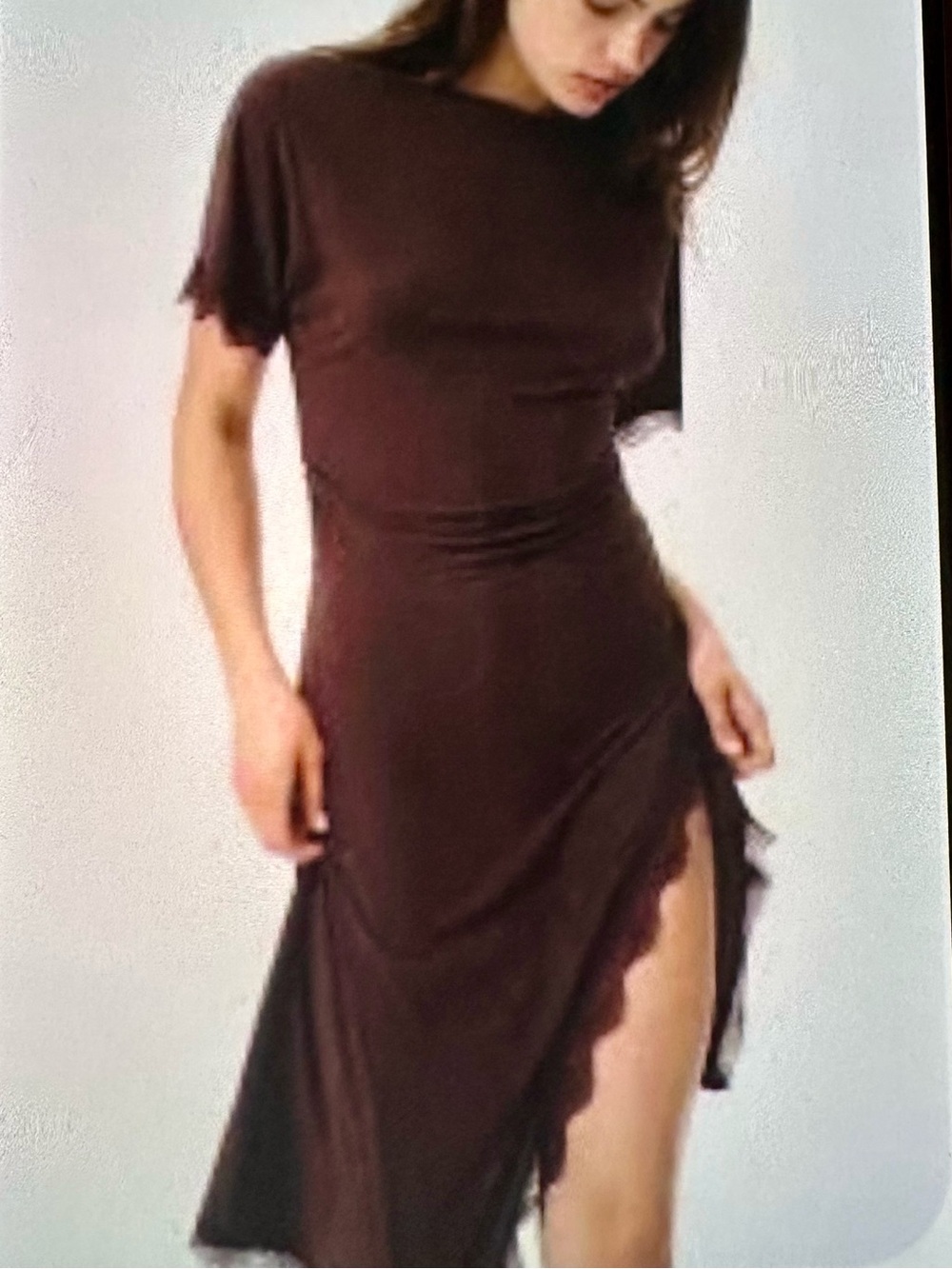 H&M Women’s Lace Trimmed Jersey Dark Brown Midi Dress - Small
